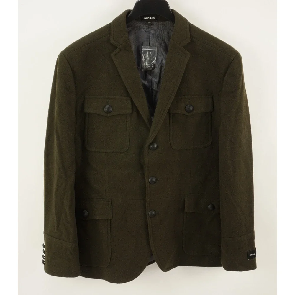 New Express Military Utility Jacket 46S Slim Green Flannel Wool Metal Button Men